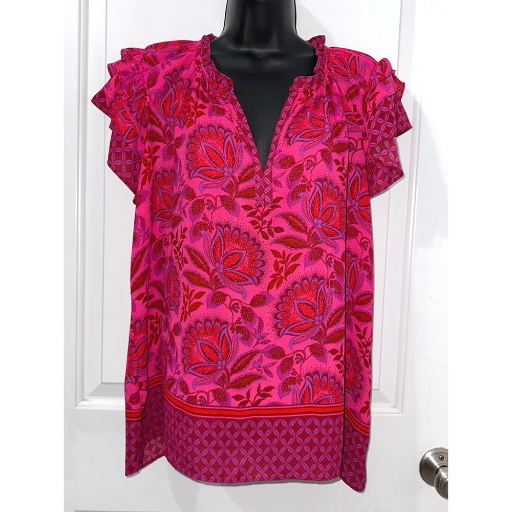 Rose & Olive Pink and Red Floral Ruffle Sleeve Blouse